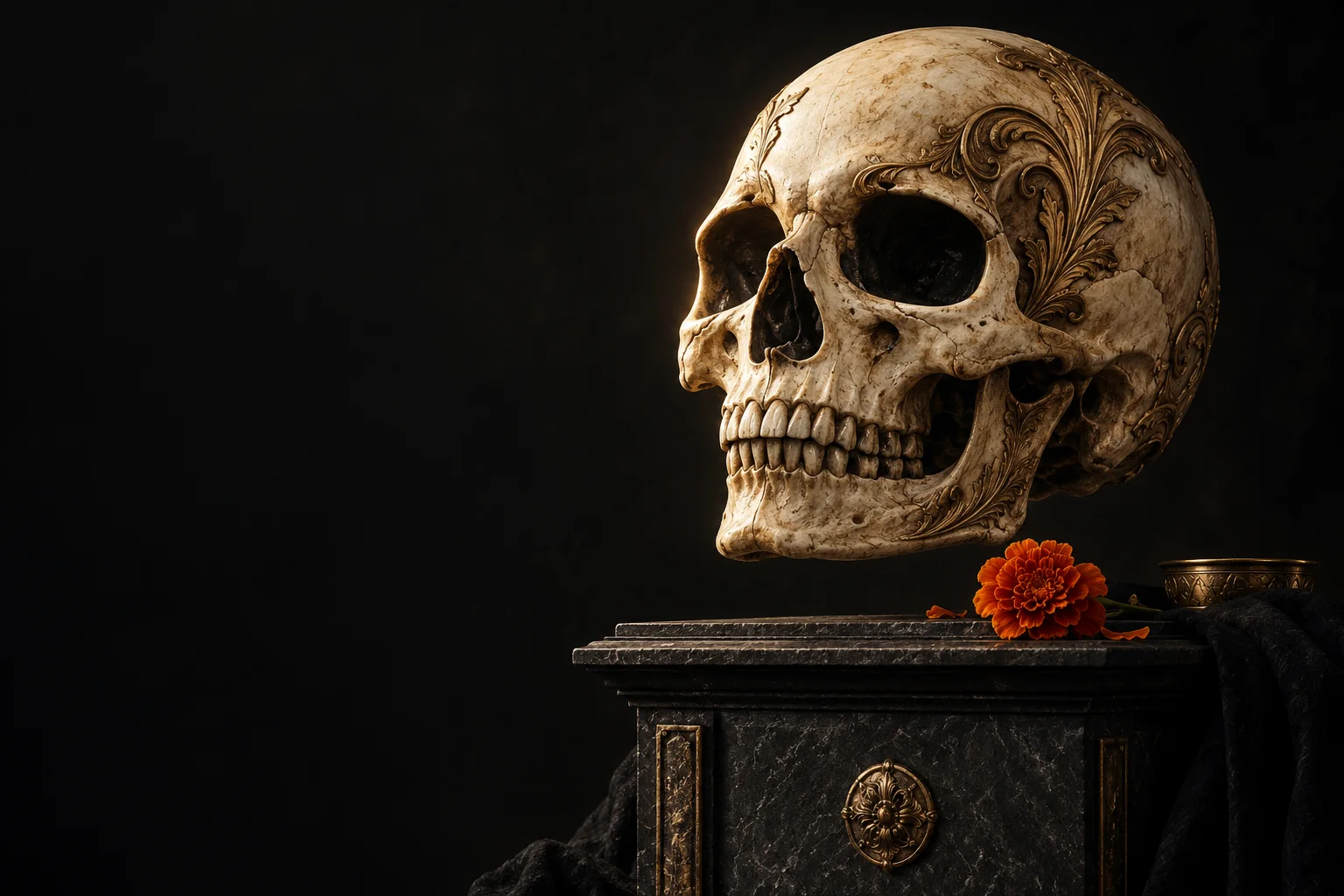 Calavera escultórica de hueso y metal, imagen de ambientación de decalavera