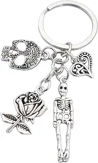 Llavero de calavera con diseño de calavera, rosas, corazón, llavero kawaii, accesorios geniales para llaves de coche, accesorios para mujeres y niñas, bolso de mano, regalo, plata, M