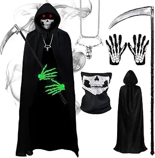 Juego de disfraz de la parca de Halloween, 5 piezas de trajes de esqueleto, guantes brillantes de esqueleto, máscara de calavera, traje de guadaña de la parca, capa negra con capucha, accesorios de