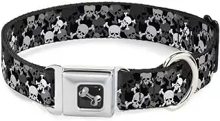 Buckle Down 18 – 32 "Top Calaveras apilado Negro/Gris/Blanco Perro Collar Hueso, Ancho Grande