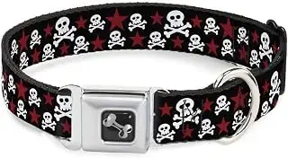 Buckle Down 11 – 17 "Calaveras y Estrellas Negro/Blanco/Rojo Collar de Perro Hueso, tamaño Mediano