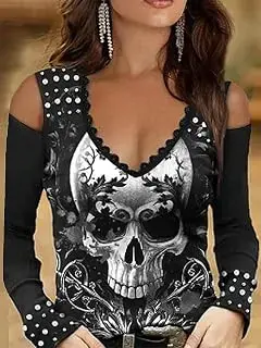 Camiseta de manga larga vintage con estampado de calavera de Halloween para mujer, para primavera y otoño