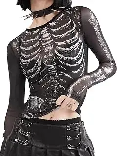 Camiseta sexy de malla para mujer, diseño de esqueleto, camiseta de manga larga con gráfico para Halloween, camiseta corta delgada