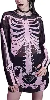 Disfraz de esqueleto de calavera de manga larga para mujer, camiseta de malla transparente, blusa para rave