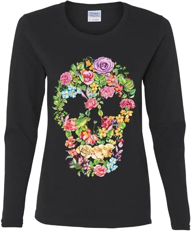 Camiseta de calavera floral para mujer, manga larga