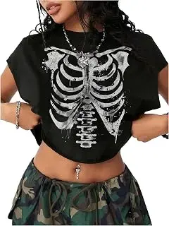 Camiseta de manga casquillo con estampado de calavera gótica para mujer, cuello redondo, de gran tamaño