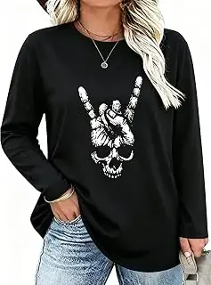 Camiseta de manga larga para mujer, talla grande, con estampado de calavera