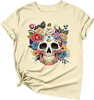 Camiseta divertida del Día de los Muertos para mujer, diseño de calaveras del Día de los Muertos, camiseta de otoño con diseño de calavera de azúcar, para temporada espeluznante