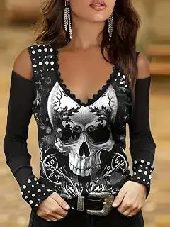 Camisetas de talla grande para mujer, con estampado de calavera, cuello en V, ajustadas, con estampado floral, hombros descubiertos