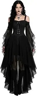 Vestido Gótico de Estilo Oscuro para Mujer, Corte Ajustado, Mangas de Malla con Encaje, Falda Asimétrica Alta y Baja, Ropa para Fiesta Temática y Escenario