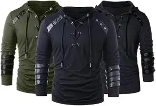 Sudadera gótica con capucha para hombre, estilo steampunk, con cordón, con cordones, con capucha, caballero medieval, manga larga, con costuras de cuero, estilo renacentista