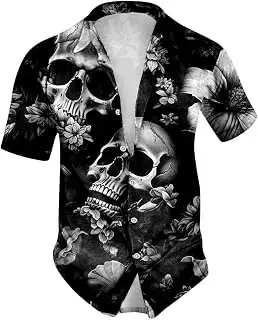 Camisa con Estampado para Hombre Camisas de Solapa de Manga Corta con Calavera de Rosa Retro Camisa de Playa con Botones Regulares de Verano Camisetas Hawaianas Informales Comodidad