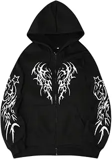 Sudadera con Capucha para Hombre de alas góticas - Chaqueta con Capucha con Estampado en el Pecho y Las Mangas Sudadera Hombre con Cremallera Completa para Fiestas de Halloween Comodidad