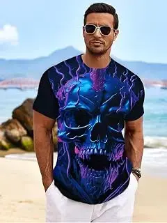Camiseta de manga corta para hombre con diseño de calavera eléctrica