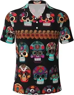 Polo de manga corta con estampado de calavera mexicana para hombre, camiseta polo de manga corta, absorbe la humedad, atlética, informal, para hombre