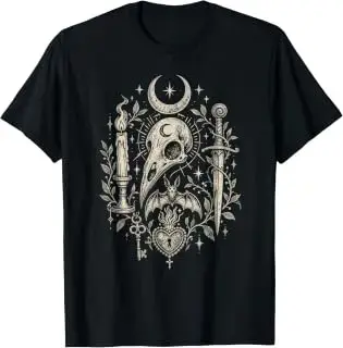 Camiseta gótica romántica de cuervo y calavera