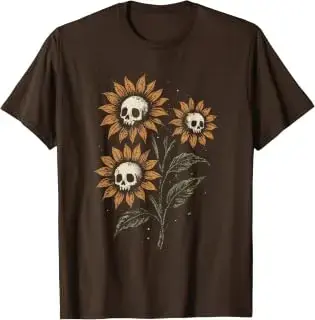 Camiseta de calavera y girasoles de estética gótica