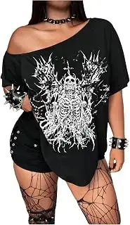 Camiseta de calavera con hombro descubierto para mujer