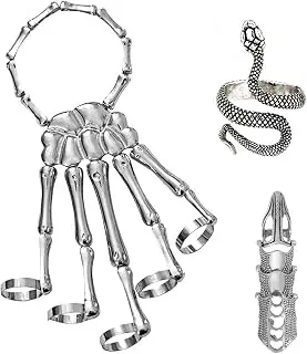Skeleton Hand Bracelet Halloween Jewelry Decoration Skull Skeleton Hands with Snake Full Finger Rings for Women Men Punk Goth Bracelets Rings Jewelry Halloween Cosplay