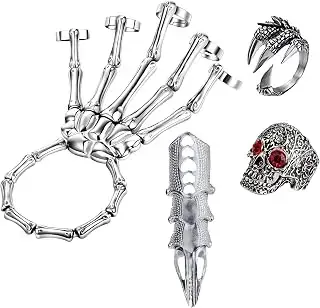 4pcs Halloween Skull Skeleton Hand Bracelet with Ring Punk Wristband Skull Fingers Hand Bracelet Skeleton Ring Hallowmas Gifts Jewelry