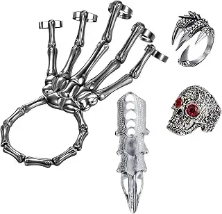 4pcs Halloween Skull Skeleton Hand Bracelet with Ring Punk Wristband Skull Fingers Hand Bracelet Skeleton Ring Hallowmas Gifts Jewelry