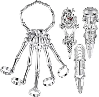 4 Pcs Skeleton Hand Bracelet Set, Halloween Finger Skeleton Rings