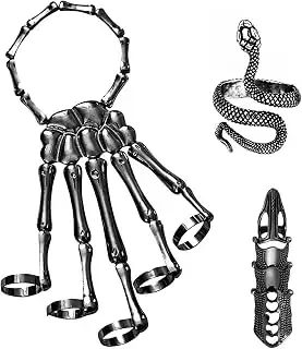 Skeleton Hand Bracelet Halloween Jewelry Decoration Skull Skeleton Hands with Snake Full Finger Rings for Women Men Punk Goth Bracelets Rings Jewelry Halloween Cosplay