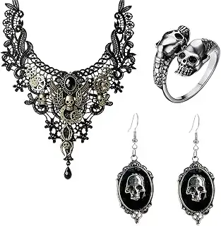 Gothic Skull Lace Necklace Ring Earrings Jewelry Set for Women