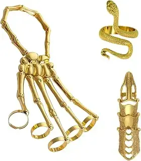 Skeleton Hand Bracelet Halloween Jewelry Decoration Skull Skeleton Hands with Snake Full Finger Rings for Women Men Punk Goth Bracelets Rings Jewelry Halloween Cosplay