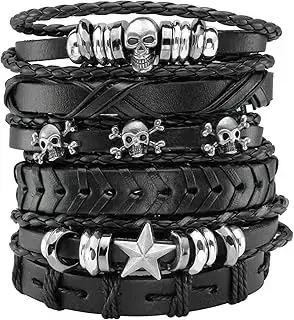 6 Pcs Leather Bracelet Braided Wide Wristband Women Men Punk Rock Jewelry Skull