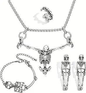 3 Pcs Gothic Punk Skeleton Jewelry Set for Women Men Halloween Punk Skeleton Skull Necklace Silver Captivity Skull Earrings Bracelets Rock Jewelry Gift
