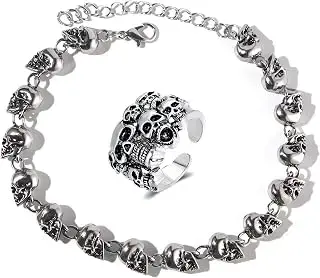 2PCS Silver Skull Bracelets for Men/Women Halloween Skull Rings Gothic Skull Jewelry Set Halloween Bracelet and Rings Halloween Gothic Skull Bracelet Gothic Punk Skull Jewelry Gift