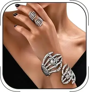 Punk Skull Bracelet Rings Set for Women Goth Skeleton Halloween Jewelry Set