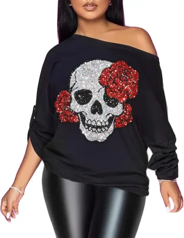 Womens Off The Shoulder Tops Sexy Shiny Metallic Shirts Long Sleeves Fashion Graphic T-Shirts Blouses