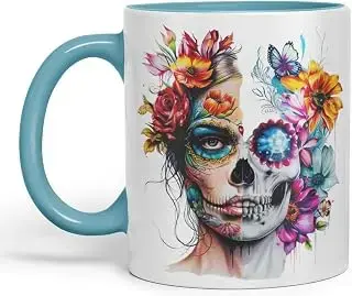 Vixar Taza de mujer con calavera de azúcar, diseño artístico del día de los muertos, taza de color bohemio V1 (negro)